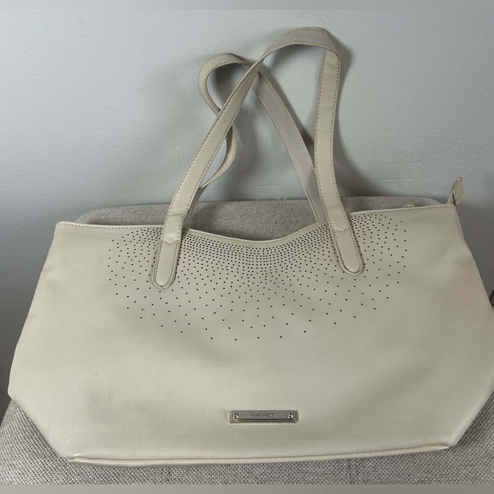 Nine West Beige Shoulder Bag Purse Tote Bag Perforated Detailing Zipper Closure